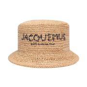 Jacquemus Naturlig Raffia Broderad Logotyp Hatt Beige, Dam