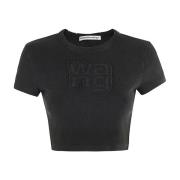 T by Alexander Wang Ribbad Baby Tee med Distressed Kant Black, Dam