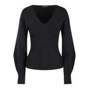 Alberta Ferretti Räfflad V-ringad Stickad Topp Black, Dam