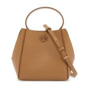 Tory Burch Grained Leather Bucket Bag med Double T Brown, Dam