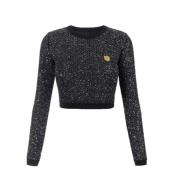 Elisabetta Franchi Svart Paljetttråd Cropped Sweater Black, Dam