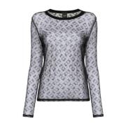 Pinko Spets Genomskinlig Monogram Crew Neck Top Black, Dam