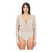 Elisabetta Franchi Beige Ribbad Lurex Bodysuit med Logo Beige, Dam