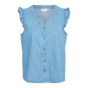 Kaffe V-Neck Top Blus med Volanger Blue, Dam