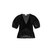 Ganni Svart Velvet V-ringad Blus Black, Dam