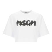 Msgm Vit Bomull T-shirt Rund Hals Logo White, Dam