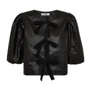 Co'Couture Läderbålblus med korta puffärmar Black, Dam