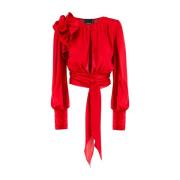 PINKO Satin Ruched Blus med Blomapplikation Red, Dam