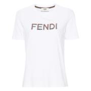 Fendi Paljettbroderad Crew Neck T-shirt White, Dam