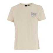 Pinko Love Birds Broderad Bomull T-shirt Beige, Dam