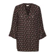 Kaffe Frill Tunic Printed Blouse Mörk/Rosa Blommor Gray, Dam