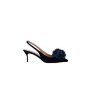 Aquazzura Blå Sammet Slingback Pumps med Pom-Pom Blue, Dam