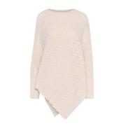 Cream O-Neck Knit Poncho Strik Beige, Dam