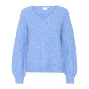 Kaffe Mjuk V-Hals Pullover i Kornblå Melange Blue, Dam