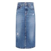 Tommy Hilfiger Distressed Denim Midi Kjol Blue, Dam