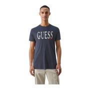 Guess Bomull Logo T-shirt - Blå Rak passform Blue, Herr