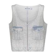 Self Portrait Rhinestone Embellished Denim Top Blue, Dam