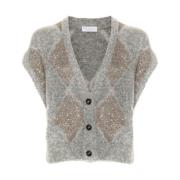 Brunello Cucinelli Cardigan med diamantmönster i grått ull Gray, Dam