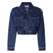 Self Portrait Denim Cropped Jacket med Skjortkrage Blue, Dam