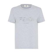 Fendi Grå Logo Broderad Crew Neck T-shirt Gray, Dam