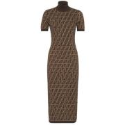 Fendi Brun Jacquard Bomull Stickad Midi Klänning Brown, Dam