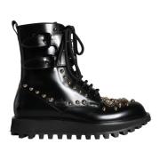 Dolce & Gabbana Svart Läder Studs Combat Boots Skor Black, Dam