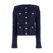 Balmain Blå Kragefri Tweedjacka med Metalliskt Mönster Blue, Dam