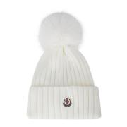 Moncler Pompom Beanie med Ribbstickning White, Dam