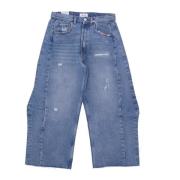 Amish Hög midja rak passform denim shorts Blue, Dam