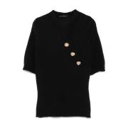 Balmain Svart Stickad Topp med Guldiga Knappar Black, Dam