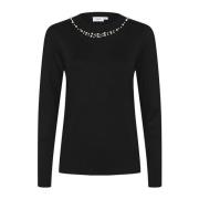 Saint Tropez Svart Stickad Pullover med Pärla Rund Hals Black, Dam