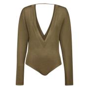 Saint Laurent Grön Mesh Bodysuit med V-ringning Green, Dam