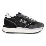 Sun68 Glitter Läder Sneakers Snörning Avtagbar Innersula Black, Dam