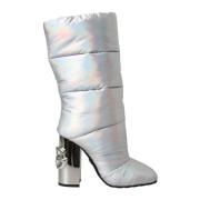 Dolce & Gabbana Silver Logo Klack Mid-Calf Stövlar Gray, Dam