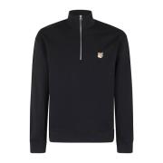 Maison Kitsuné Komfortabel halv zip sweatshirt med rävhuvud patch Blac...