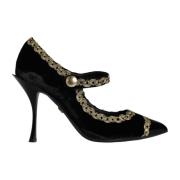 Dolce & Gabbana Svart Guld Sammet Mary Jane Pumps Black, Dam