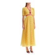 Saloni Ambra Sunrise Jacquard Silke Midi Klänning Yellow, Dam