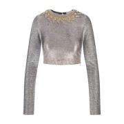 Paco Rabanne Silver Lamé Crop Top med Guld Studs Gray, Dam