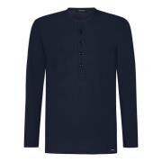 Tom Ford Blå Henley T-shirt med Logo Label Blue, Herr