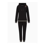 Emporio Armani EA7 Svart Bomull Stretch Hoodie Jogger Set Black, Dam