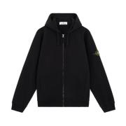 Stone Island Borstad bomullsfleece med hel dragkedja och huva Black, H...