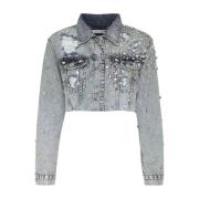 Philipp Plein Kort Jeansjacka med Kristaller Blue, Dam