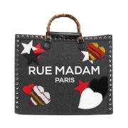 Rue Madam Denim Svart Tote med Handvävda Ull Patches Black, Dam