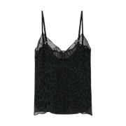 Zadig & Voltaire Leopardmönstrad Mörkgrön Spets Camisole Topp Black, D...