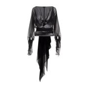 Mugler Svart Siden Draperad Blus med V-ringning Black, Dam