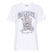 Ganni Leopardtryck Grafisk T-shirt White, Dam