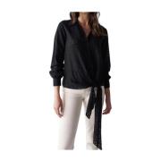 Salsa Svart texturerad blus med rosett Black, Dam