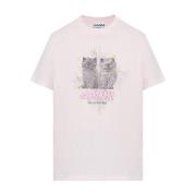 Ganni Broderad Logga Bomull T-shirt Rosa Pink, Dam