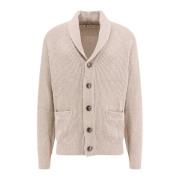 Brunello Cucinelli Bomull Shawl Krage Cardigan med Logoed Knappar Beig...