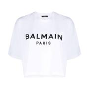 Balmain Tryckt Beskuren T-shirt i Svart och Vit White, Dam